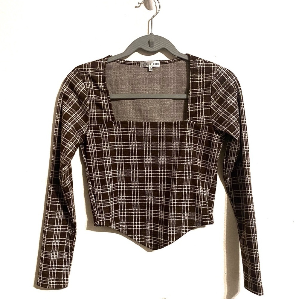 FITZ + EDDI Brown And White Plaid Top Printed Knit Square Neck Y2K Sz M